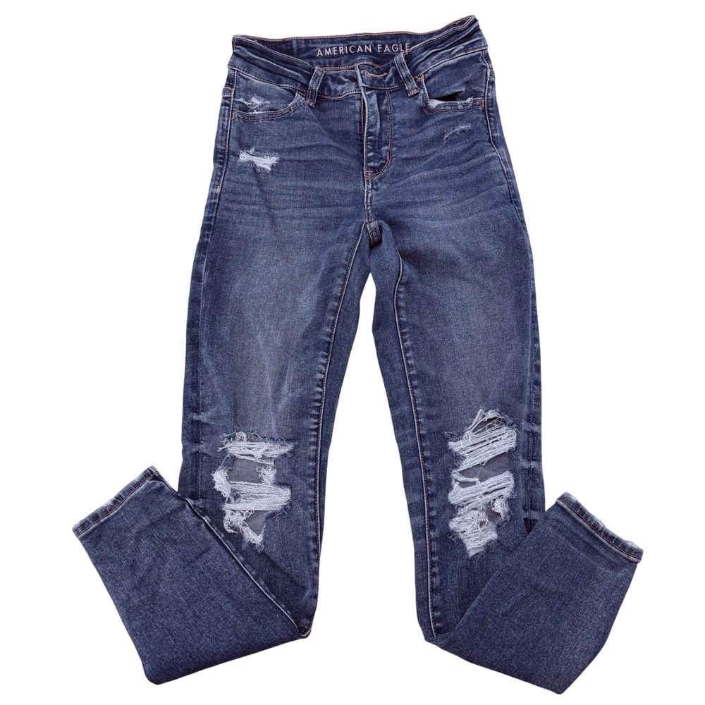 American Eagle Next Level Stretch Skinny Jeans Dark Wash Distressed 0 Short 5130